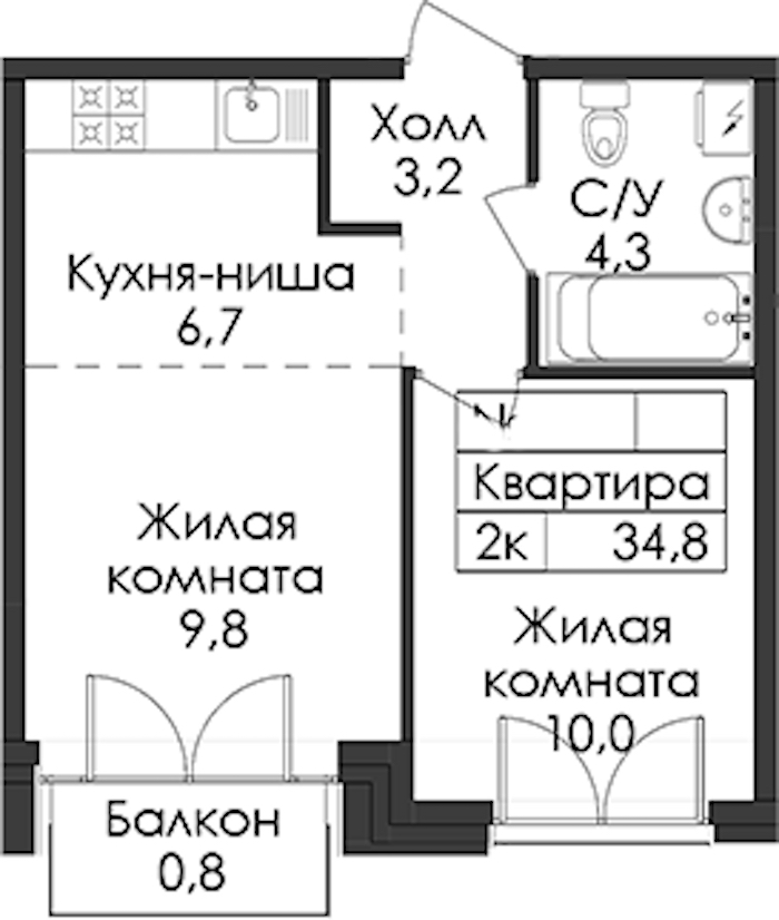 1-комнатная квартира 34.8 м², 4/9 эт., ЖК «Лермонтовский 54»